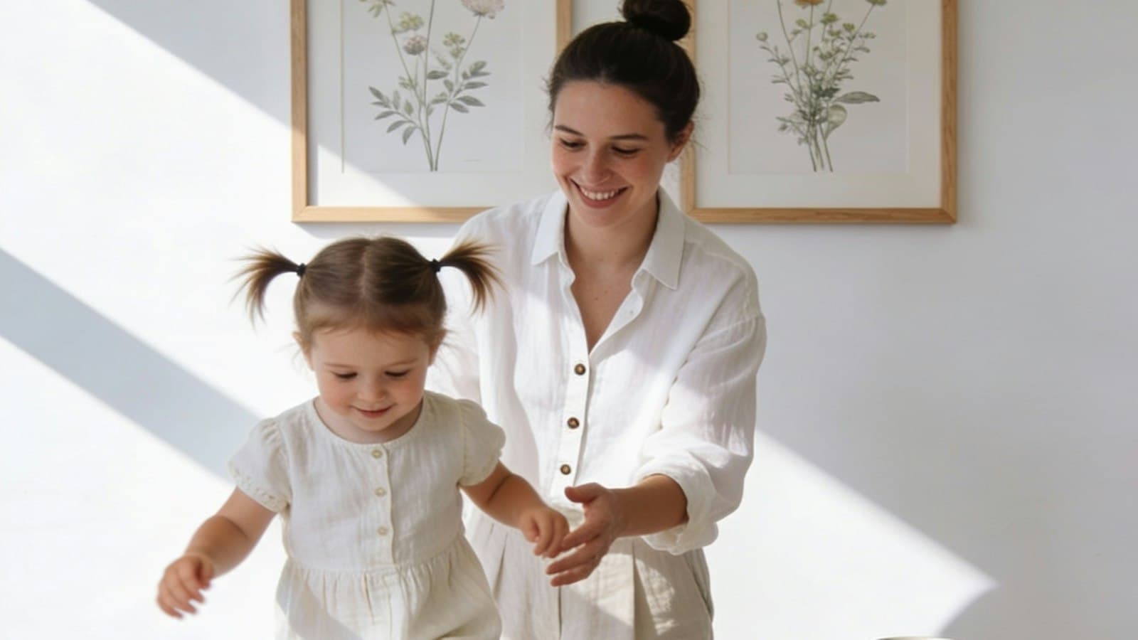 A mother and her little daughter laughing beside a wooden kitchen table