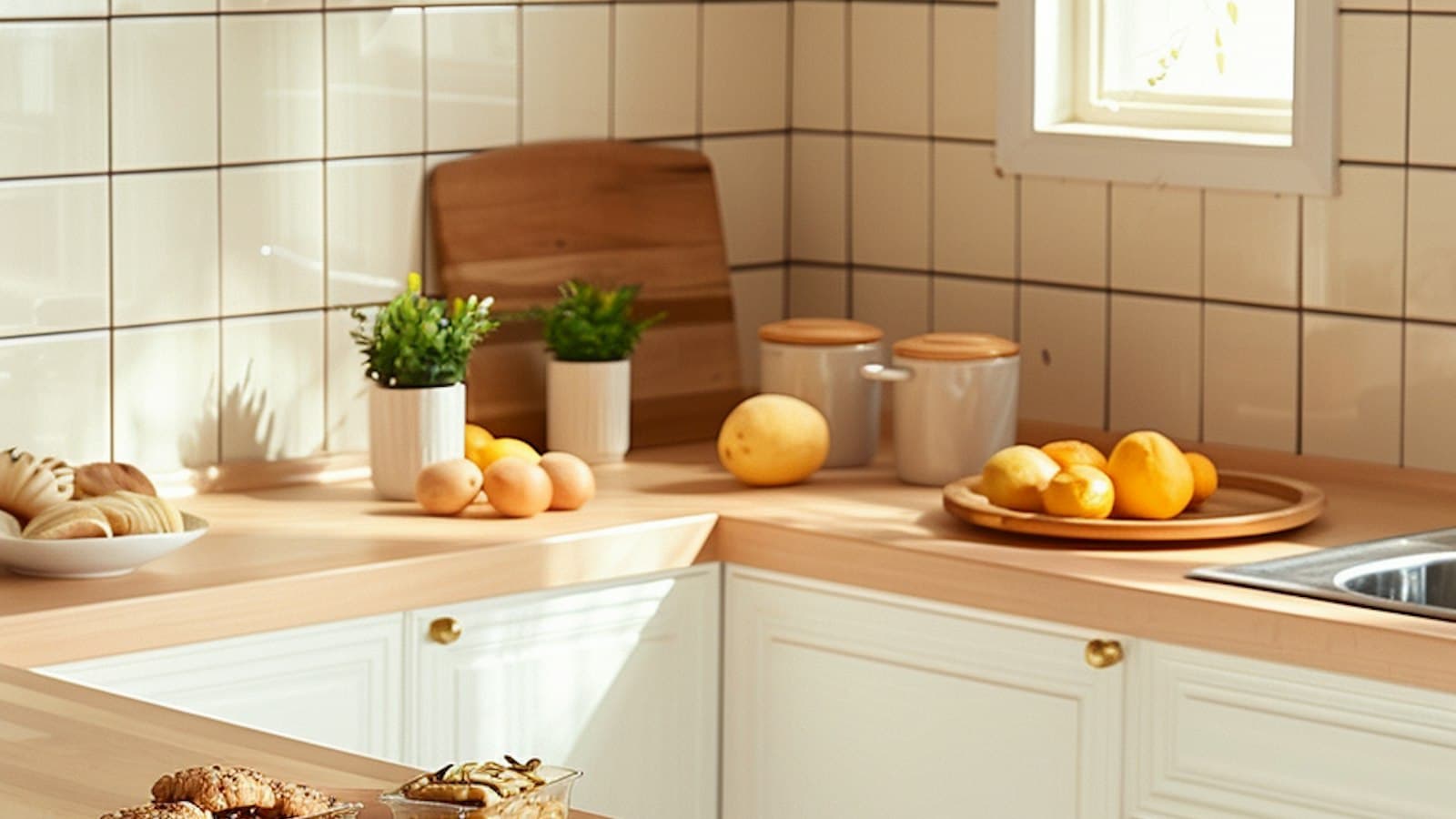 A sunny home kitchen with wooden counters, fresh oranges and pastries