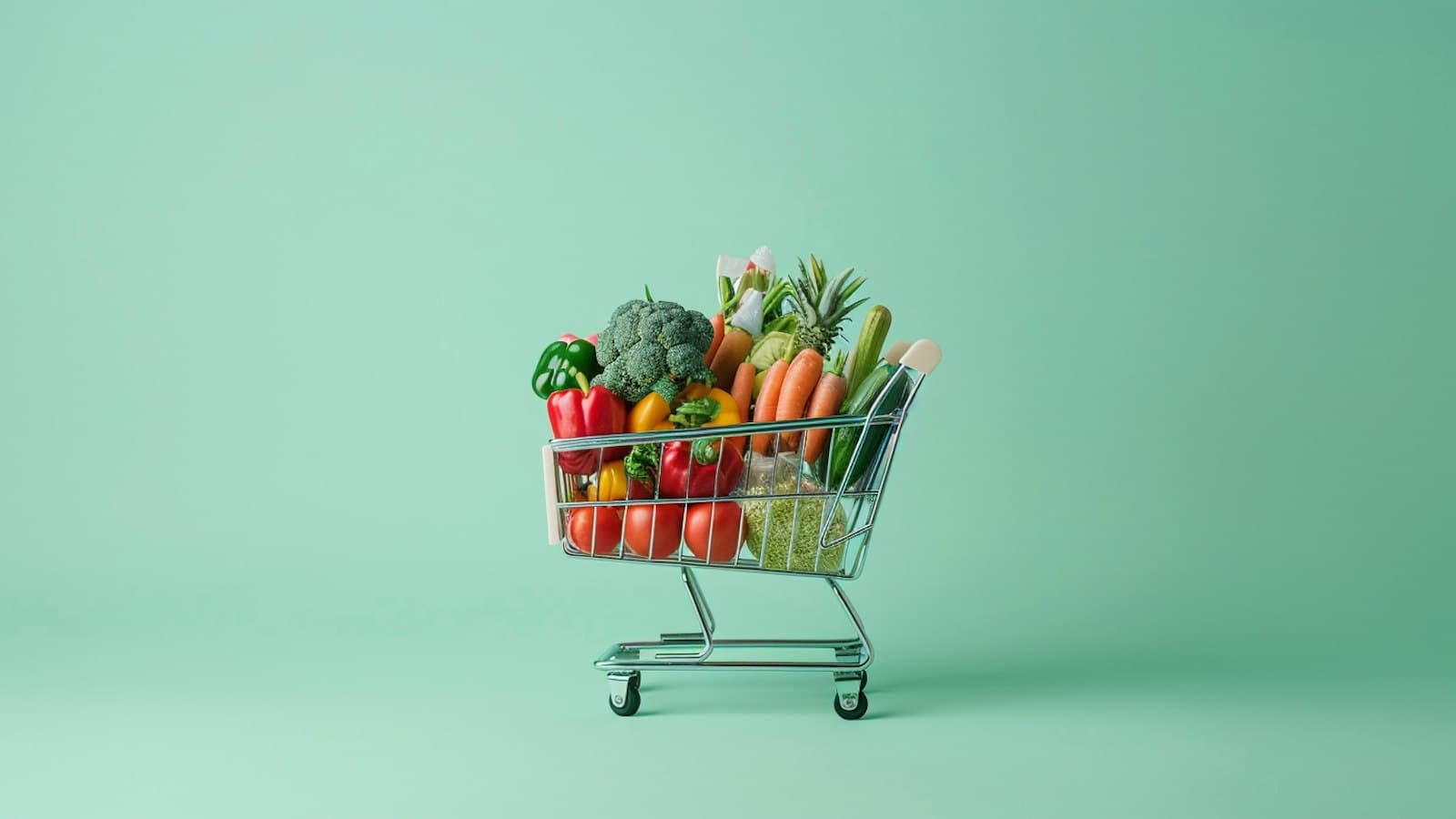 A small shopping cart overflowing with fresh vegetables