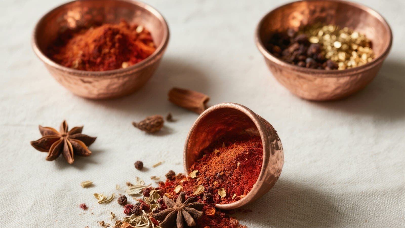 Copper bowls of chili powder, peppercorns and star anise on linen