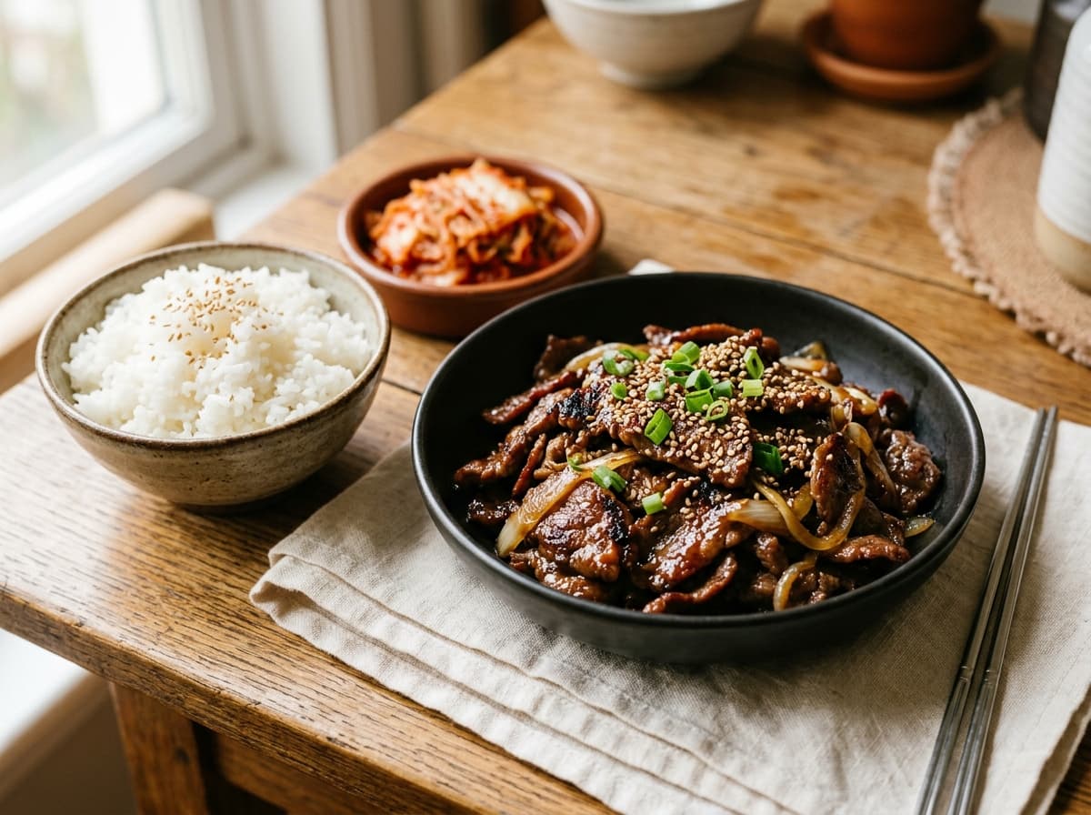 Glossy marinated beef bulgogi with spring onions, sesame, rice and kimchi