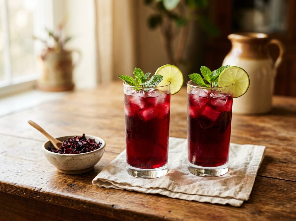 Two glasses of ruby-red hibiscus drink with ice, mint and lime