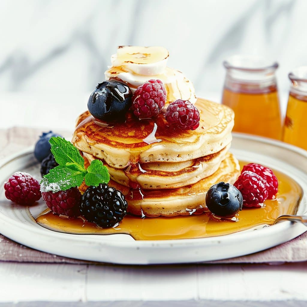 A tall stack of fluffy pancakes with fresh berries and maple syrup