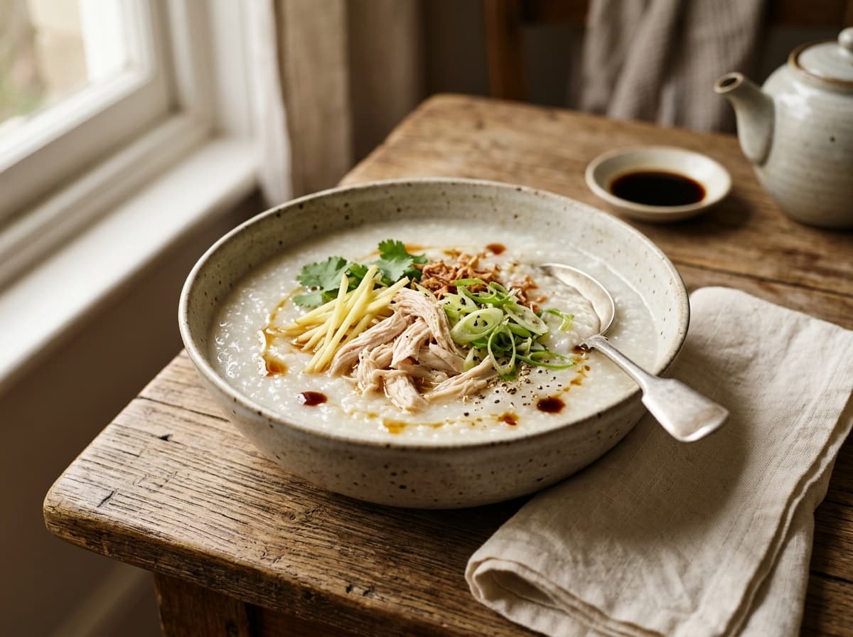 A bowl of creamy rice congee topped with chicken, ginger and spring onions