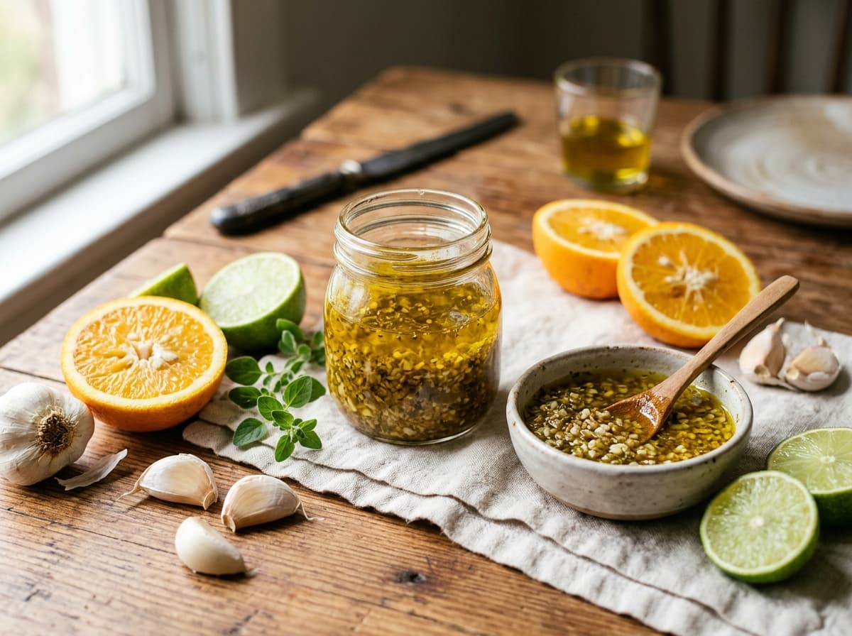 A jar of golden citrus garlic mojo sauce with sour oranges and limes