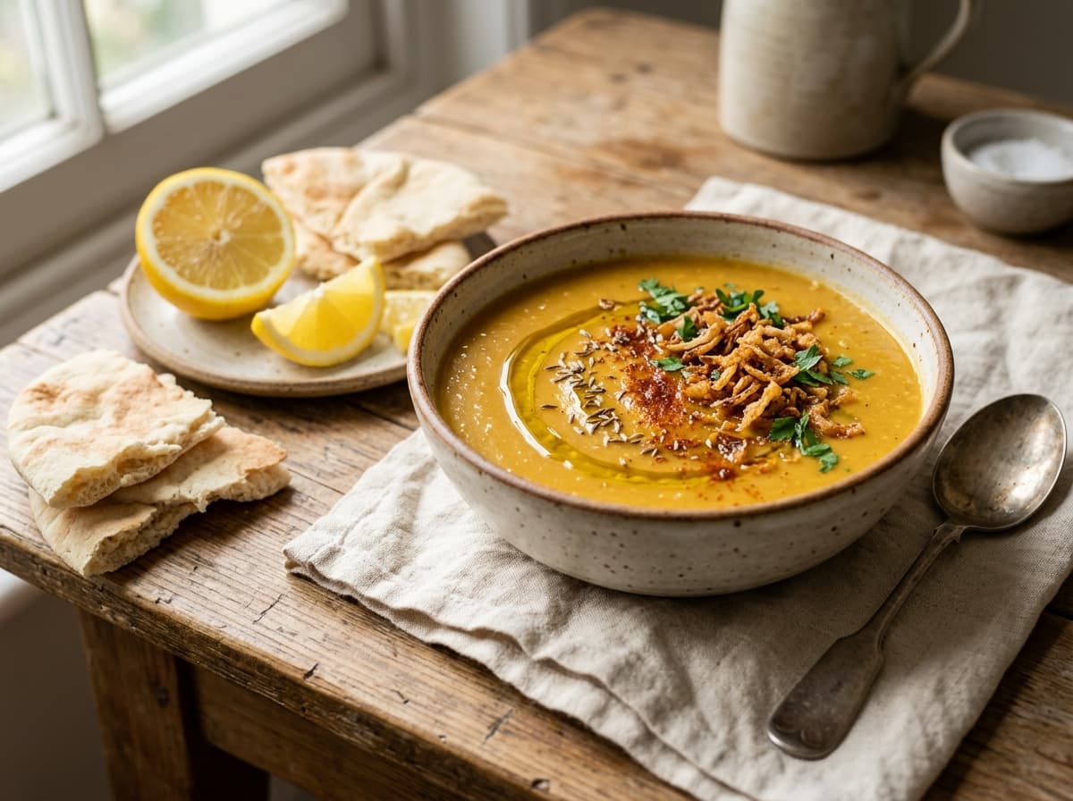 A bowl of golden lentil soup with olive oil, fried onions and lemon wedges