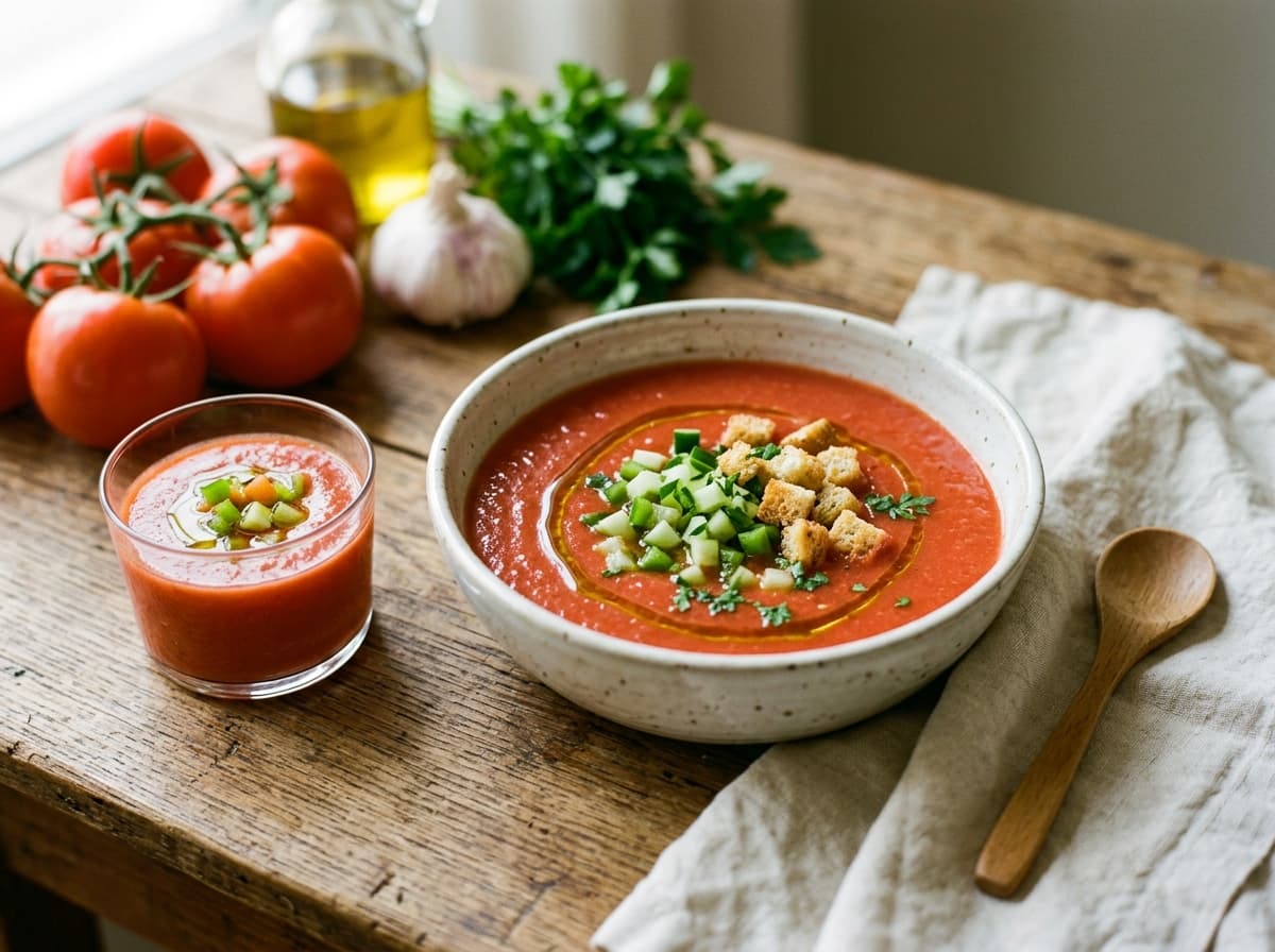 A bowl of chilled red gazpacho with diced cucumber, pepper and croutons