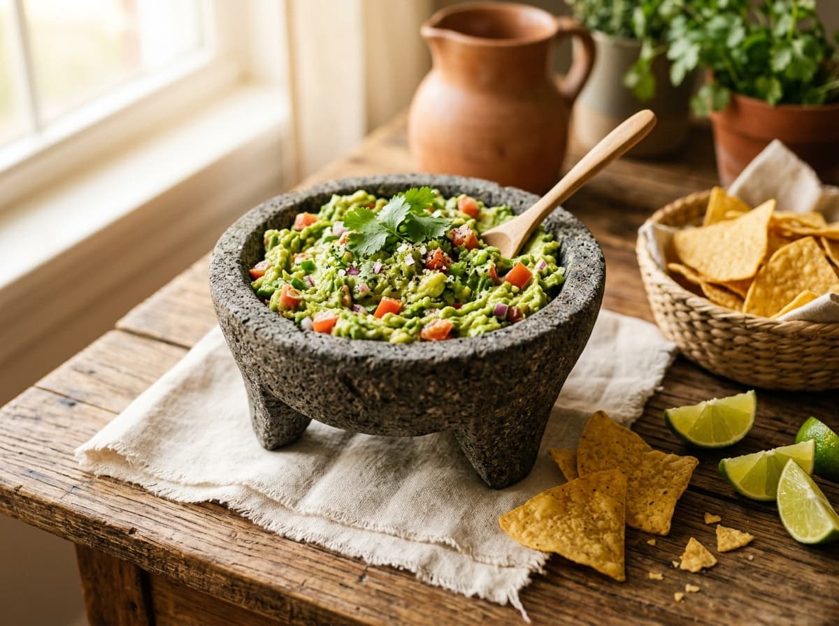 Chunky guacamole in a stone bowl surrounded by tortilla chips and lime