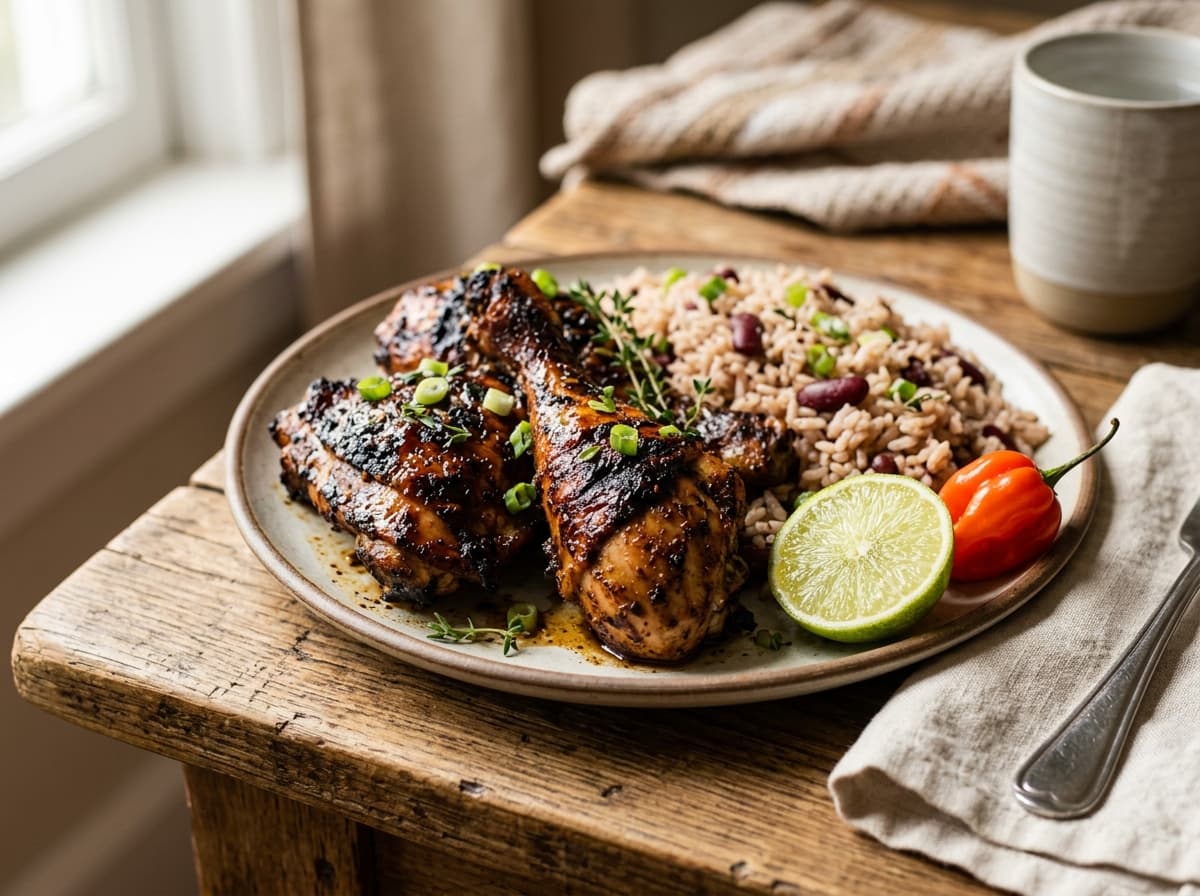 Charred jerk chicken with rice and peas and a lime wedge