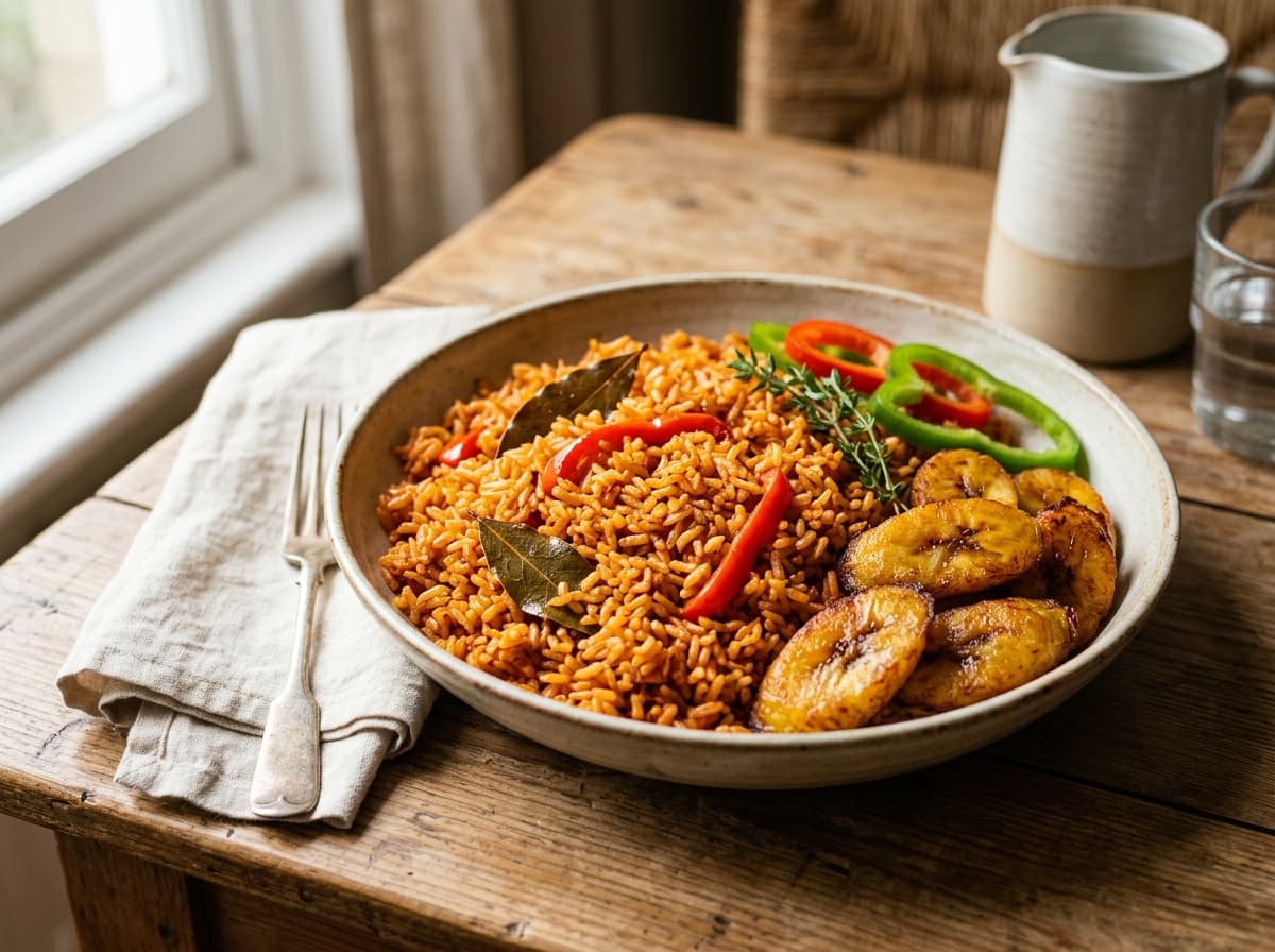 A dish of smoky red jollof rice served with fried plantain
