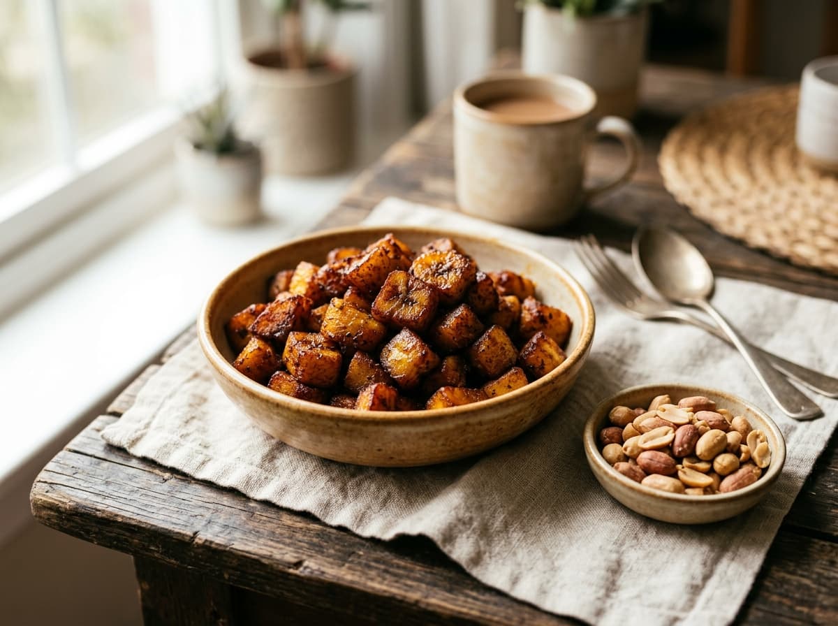 A bowl of spiced, caramelised fried plantain cubes with peanuts