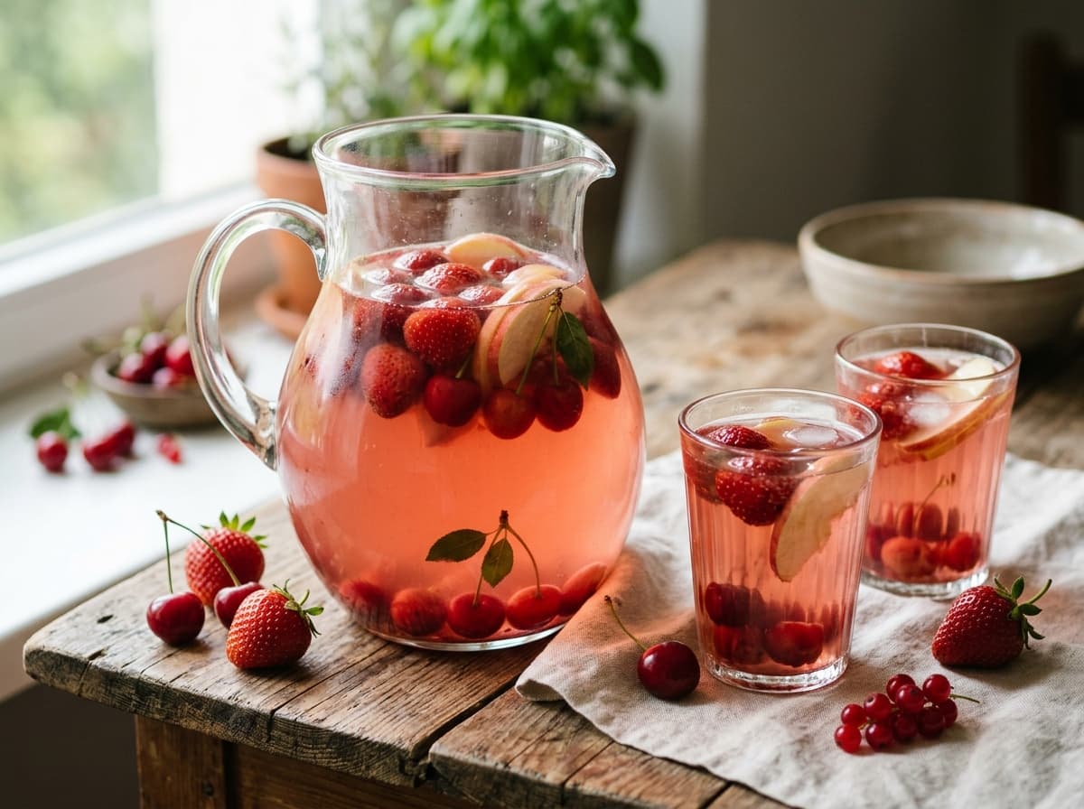 A jug and glasses of pink fruit kompot with strawberries and cherries