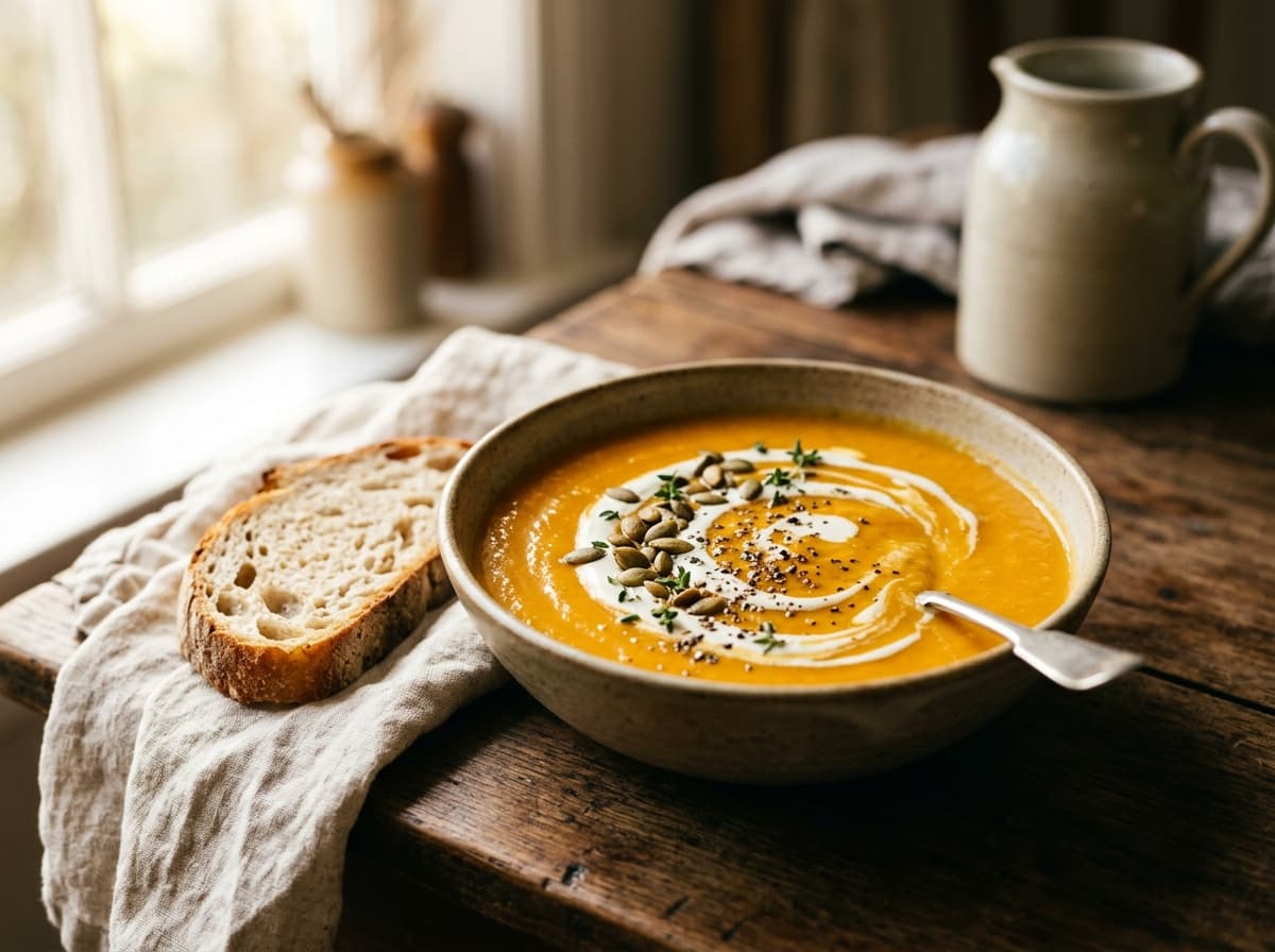 A bowl of smooth orange kumara soup with a swirl of cream and seeds