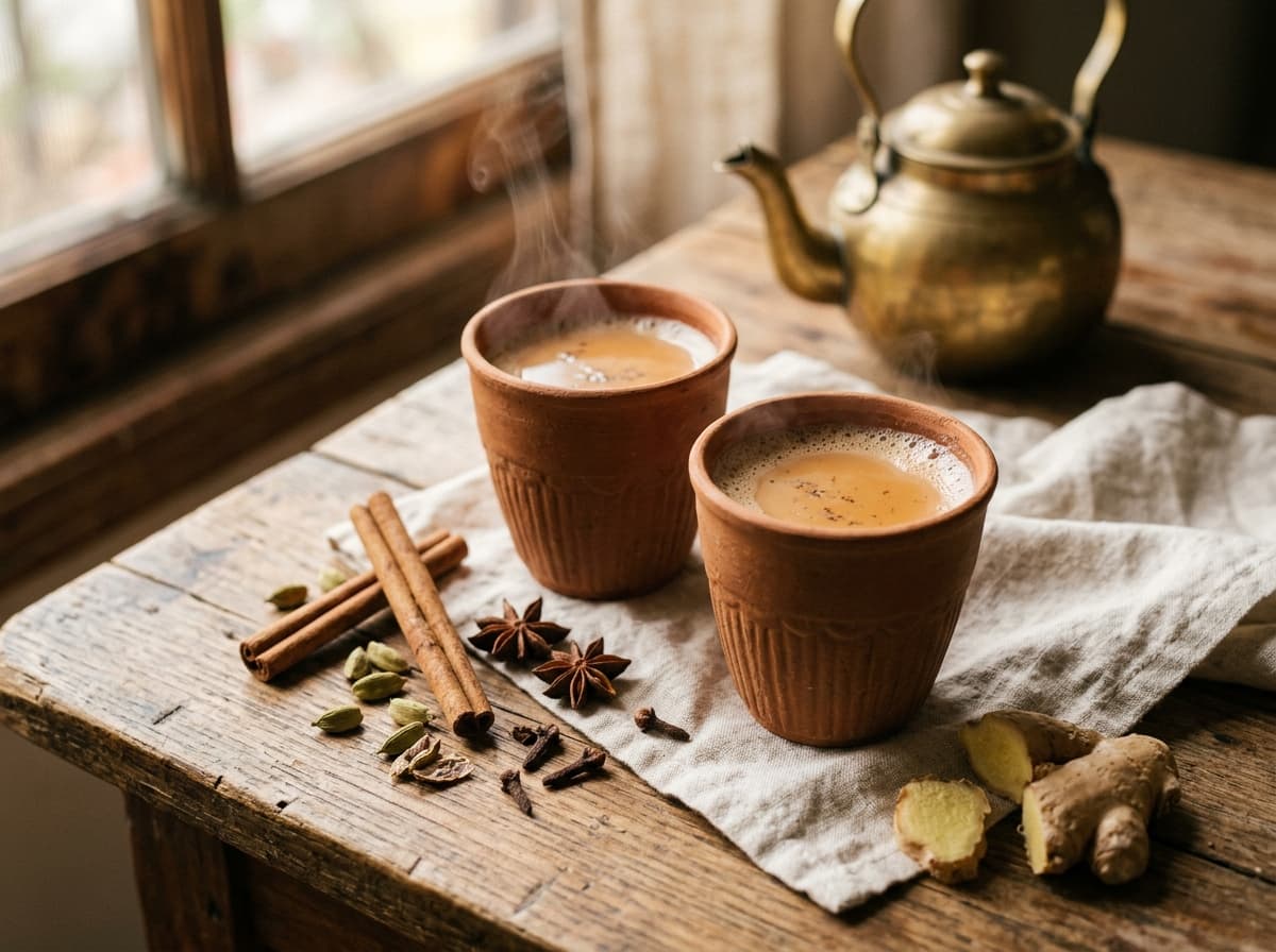 Two cups of milky spiced tea with cinnamon, cardamom and star anise