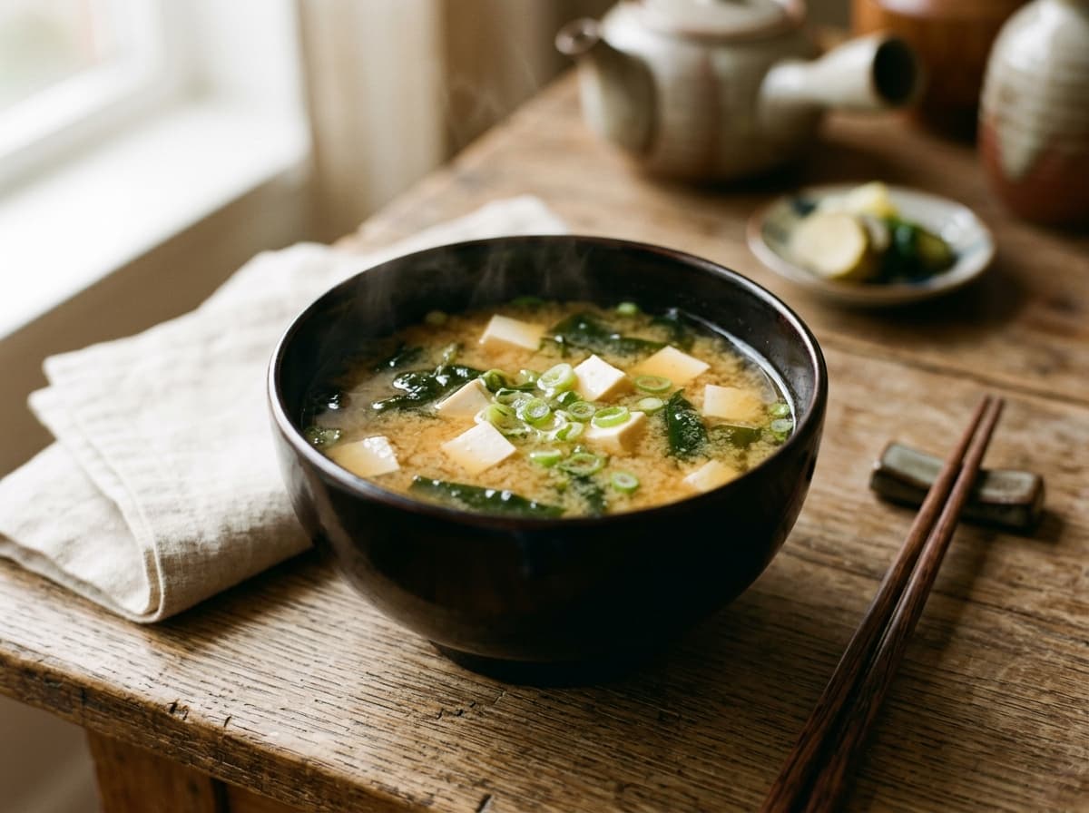 A bowl of miso soup with tofu cubes, seaweed and spring onion