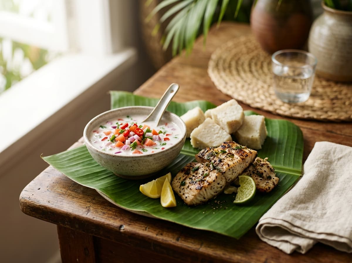 A bowl of coconut milk sauce with onion, tomato and chili beside grilled fish