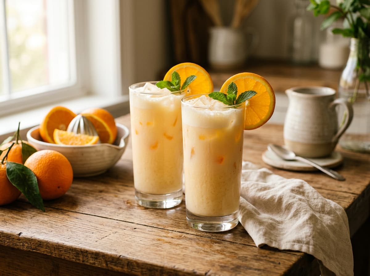 Two tall glasses of creamy orange and milk drink with orange slices