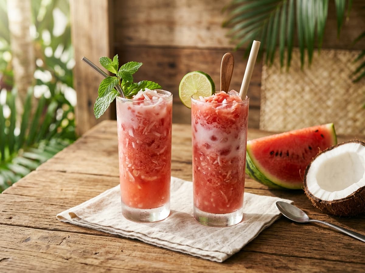 Two glasses of pink watermelon and coconut cooler beside fresh watermelon