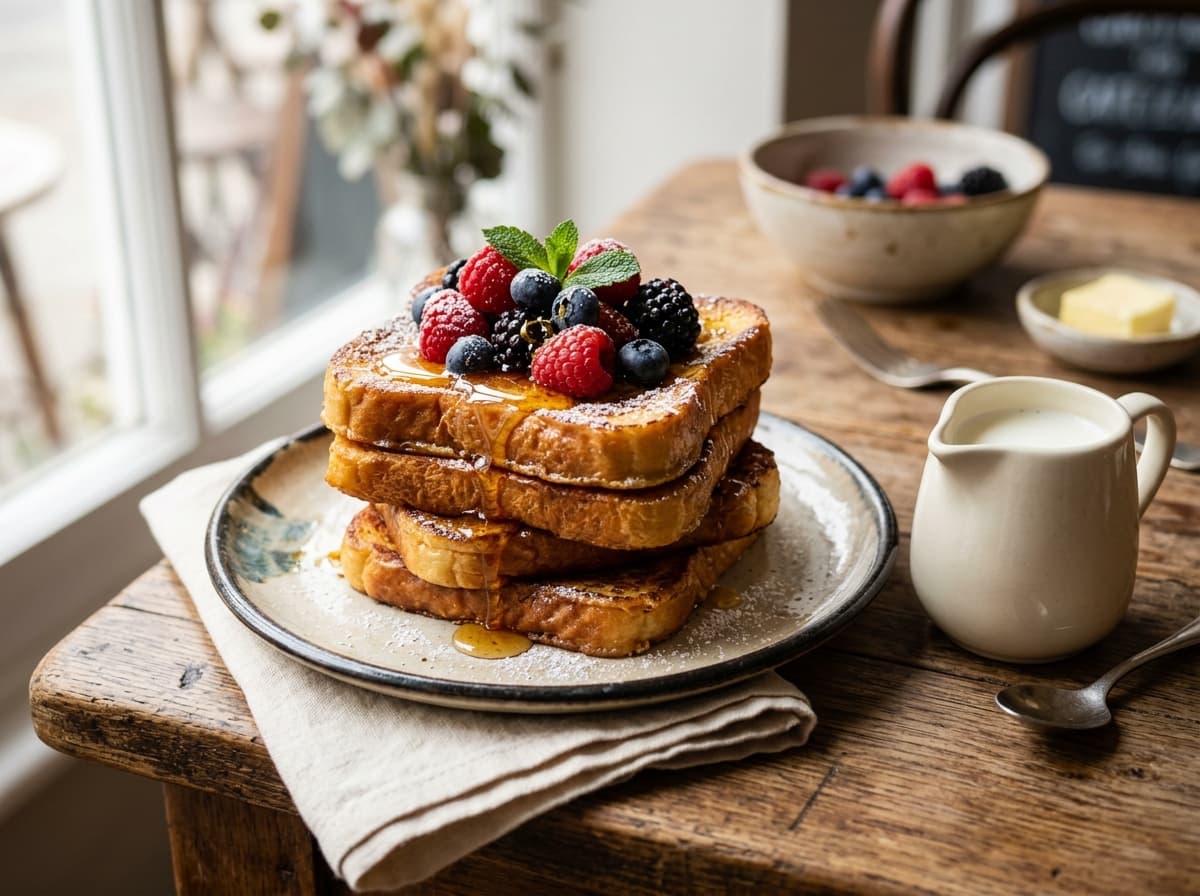 A stack of golden French toast with berries, honey and powdered sugar