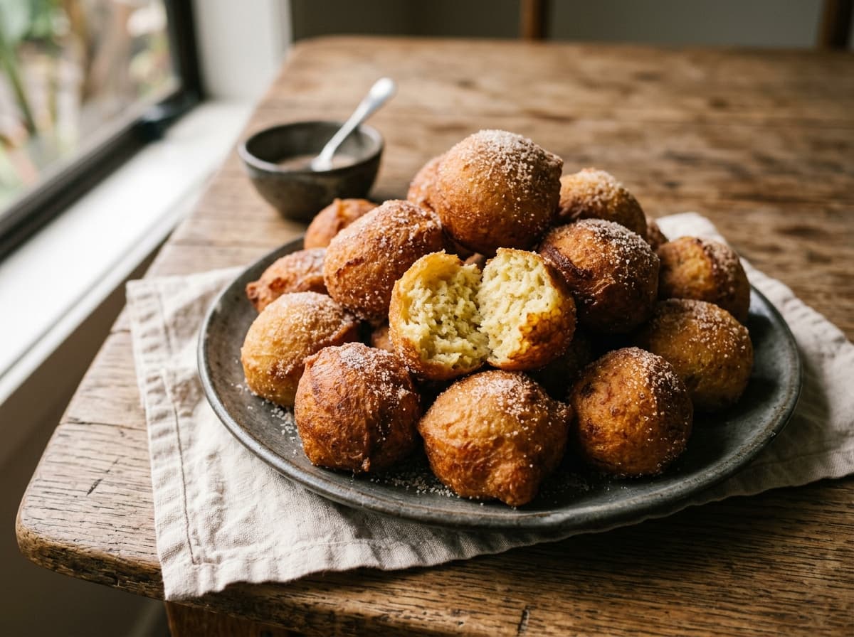 A pile of golden fried banana pancake balls, one broken open