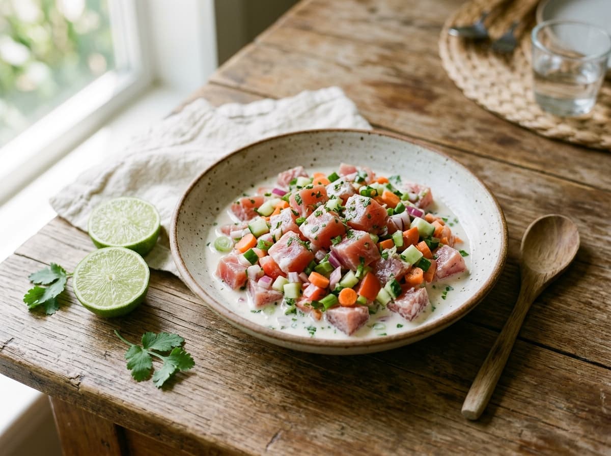 Raw tuna marinated in lime and coconut milk with fresh vegetables
