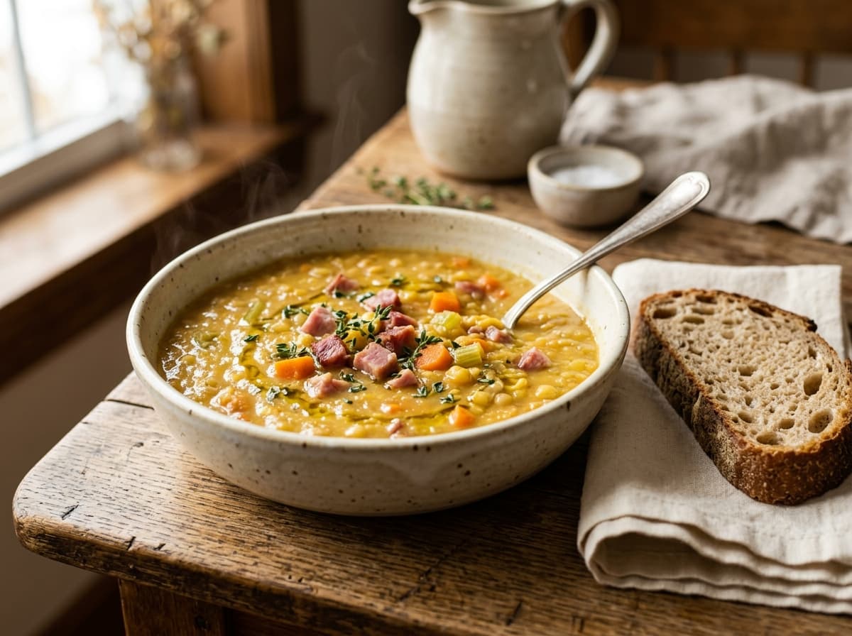 A bowl of thick yellow pea soup with ham and fresh thyme