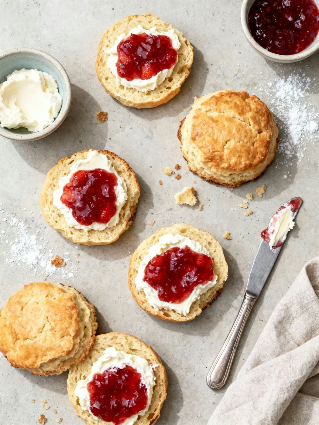 Warm scones split open and topped with clotted cream and strawberry jam