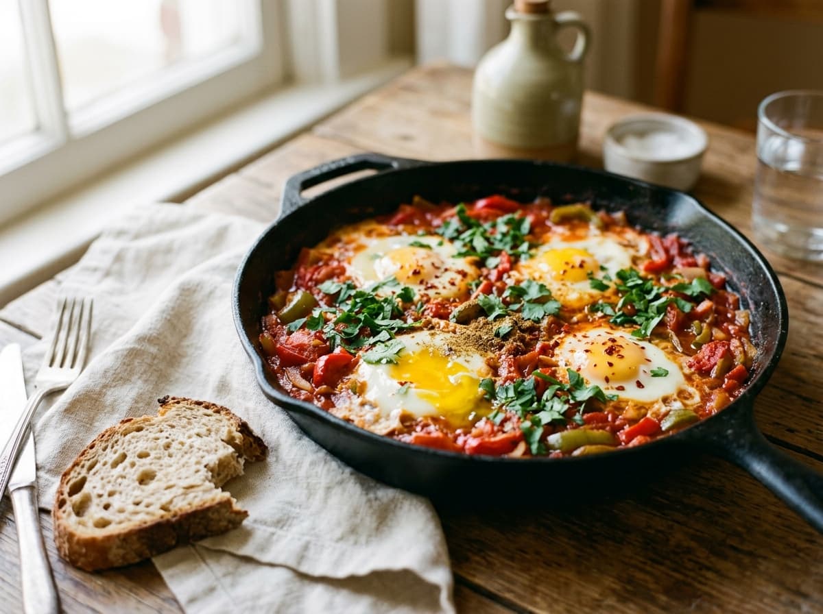 Eggs poached in red tomato and pepper sauce in a cast-iron pan