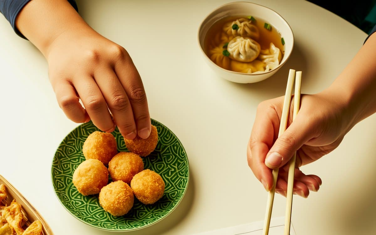 Hands reaching for crispy fried bites next to a bowl of dumpling soup