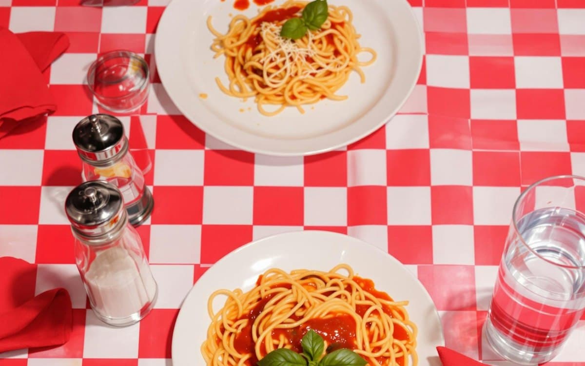 Spaghetti with tomato sauce and basil on a red checkered tablecloth