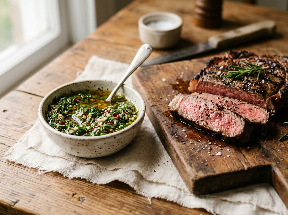 A bowl of bright green chimichurri beside slices of grilled steak