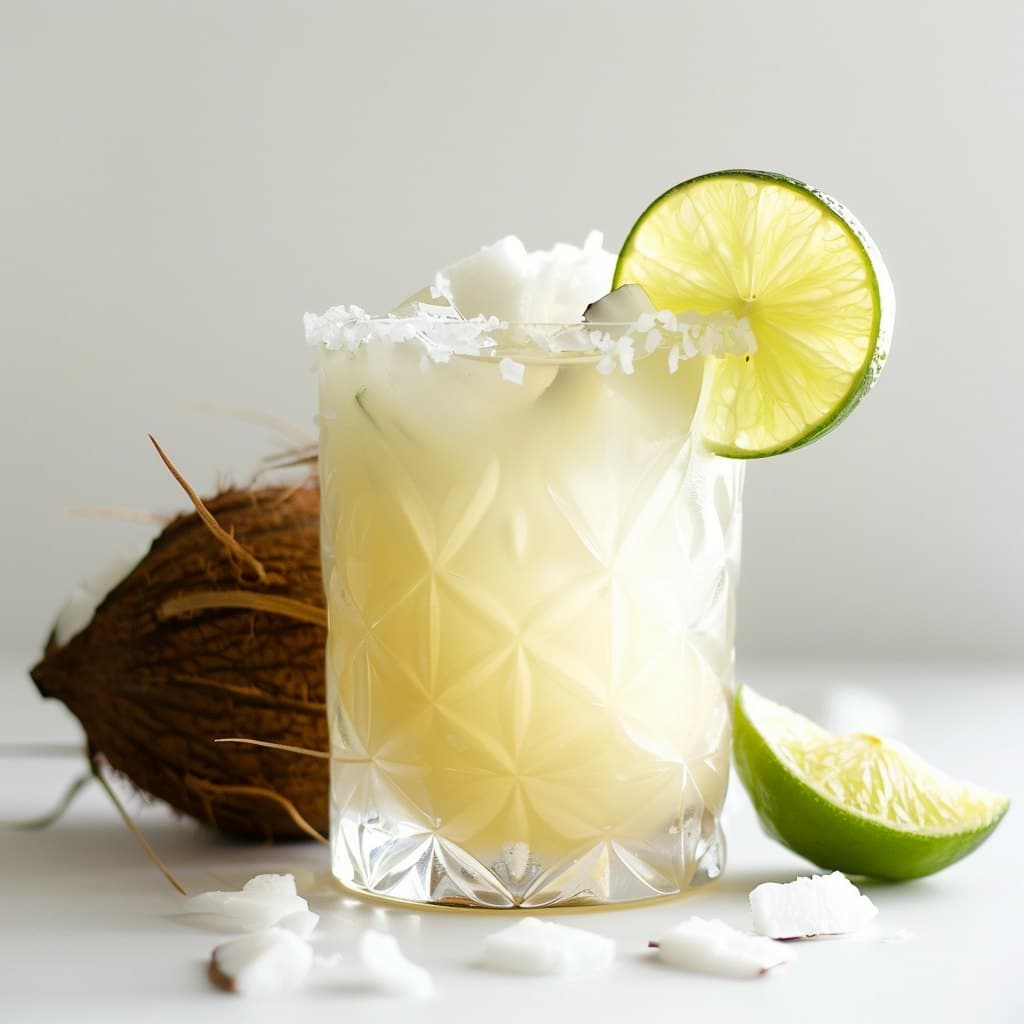 A frosty coconut lime drink in a coconut-rimmed glass with fresh lime