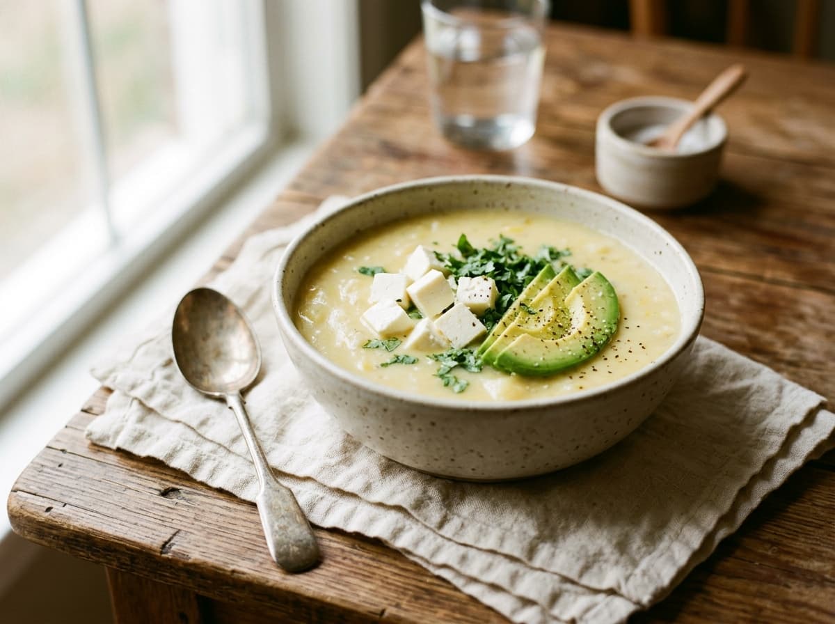 A bowl of creamy potato and cheese soup topped with avocado and coriander