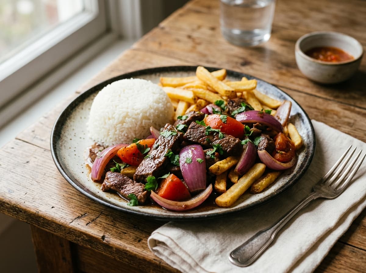 Stir-fried beef with onion and tomato served with fries and rice